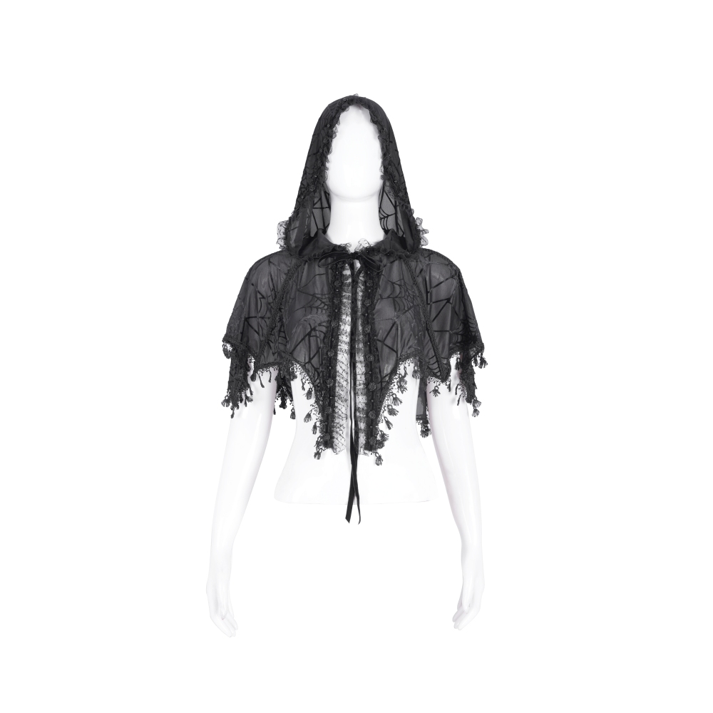 Devil Fashion - Flocked Spider Web Hooded Shawl Sjaal - Zwart